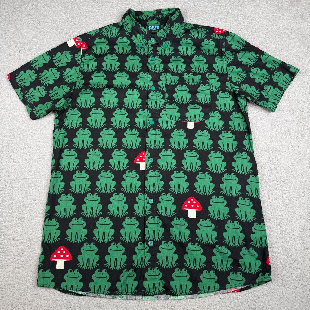 A-Lab Leap Frog Shirt Mens Medium Black Short Sleeve Button Up Mushroom AOP